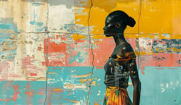 photo collage of full-length woman with hand behind her back, in the distance in the style of brightly colored graffiti, textured landscapes inspired by afrofuturism, beach portraits, 32k uhd, made of plastic, close-up, --ar 3:2 --style raw --stylize 250